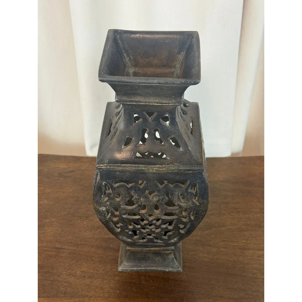 VTG Bronze‎ Hollow Vase Lantern Pierced Cut Work Verdigris 11